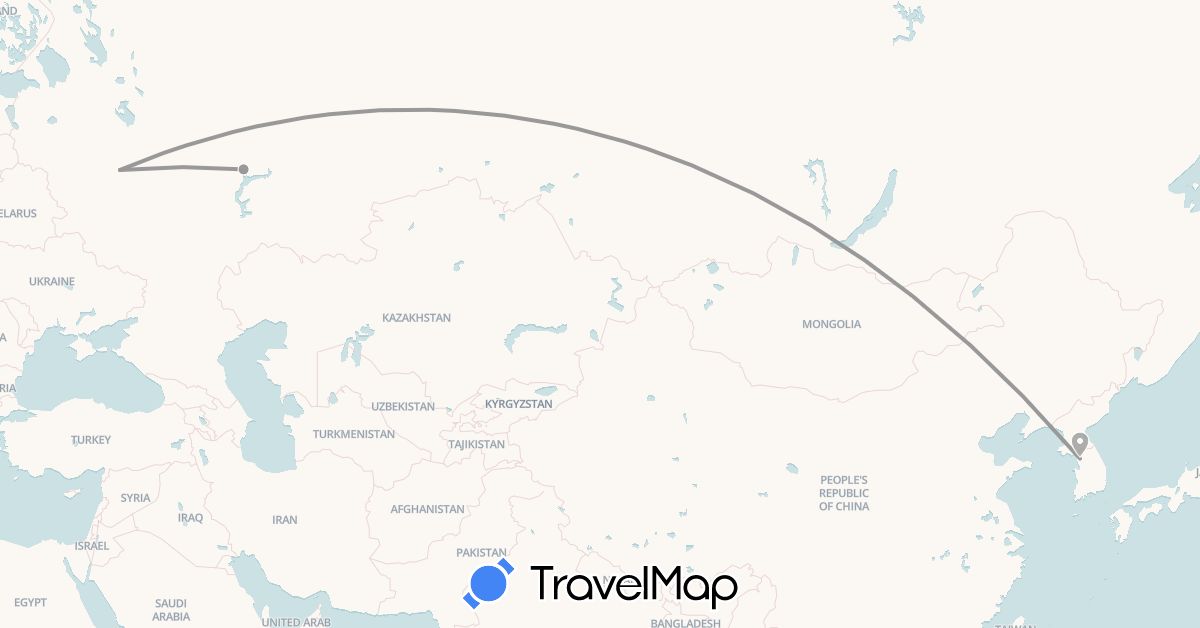 TravelMap itinerary: driving, plane in South Korea, Russia (Asia, Europe)
